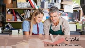  Presentation with factory workers - Slides featuring smiling male and female workers analyzing notebook together in factory background and a coral colored foreground