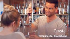  Presentation with bartender - Slide deck with smiling-male-bartender-behind-counter background and a coral colored foreground