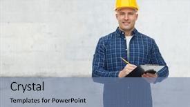  Presentation with philosophy construction people connect - Cool new presentation theme with smiling male builder or manual backdrop and a seafoam green colored foreground