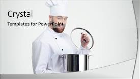 Presentation with cook chef - Colorful presentation design enhanced with smiling male chef cook backdrop and a white colored foreground
