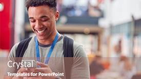  Presentation with college campus - Presentation design featuring smiling-male-college-student-checking background and a coral colored foreground