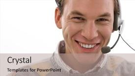  Presentation with excellent customer service - Colorful theme enhanced with smiling male customer service operator backdrop and a coral colored foreground
