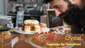  Presentation with understanding customer - Slide set featuring smiling male customer smelling strawberry pie at counter in coffee shop background and a red colored foreground