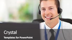  Presentation with support - Cool new slides with smiling male customer support operator backdrop and a dark gray colored foreground