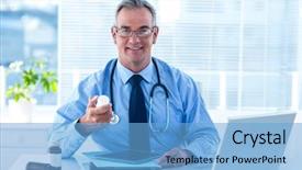  Presentation with pill bottle - Cool new PPT layouts with smiling male doctor holding pill backdrop and a light blue colored foreground
