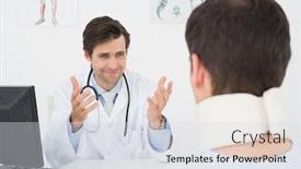 Presentation with medical desk - Colorful presentation design enhanced with smiling male doctor in conversation with patient at desk in medical office backdrop and a sky blue colored foreground