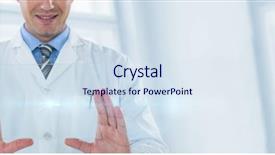  Presentation with digital image - Colorful presentation design enhanced with smiling male doctor using futuristic backdrop and a sky blue colored foreground