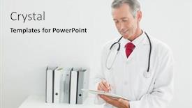  Presentation with medical smiling doctor - Audience pleasing presentation consisting of smiling male doctor writing a report at the medical office backdrop and a white colored foreground