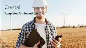  Presentation with windmill - Cool new presentation theme with smiling-male-engineer-using-mobile backdrop and a sky blue colored foreground