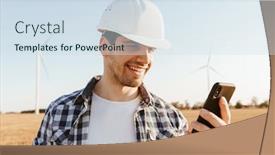  Presentation with mechanical engineering engineer tools - Cool new slide set with smiling-male-engineer-using-mobile backdrop and a sky blue colored foreground