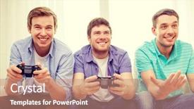  Presentation with video games playing - Audience pleasing slide set consisting of smiling male friends playing video backdrop and a coral colored foreground