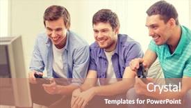 Presentation with video games playing - Amazing presentation having smiling male friends playing video backdrop and a coral colored foreground