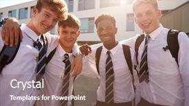  Presentation with culture building - Cool new slide deck with smiling male high school backdrop and a tawny brown colored foreground