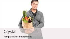  Presentation with paper bag - Colorful PPT theme enhanced with smiling male holding a paper bag full of groceries isolated on white background backdrop and a light gray colored foreground