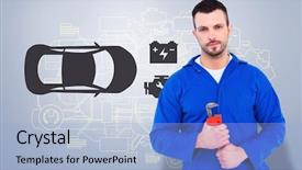  Presentation with monkey - Audience pleasing slide set consisting of monket tools - smiling male mechanic holding monkey backdrop and a light blue colored foreground