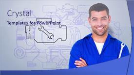  Presentation with mechanic - Slide deck featuring smiling male mechanic holding spanner against grey vignette background and a sky blue colored foreground