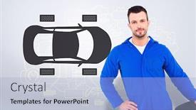  Presentation with tire - Slides enhanced with smiling male mechanic holding tire against grey vignette background and a light blue colored foreground