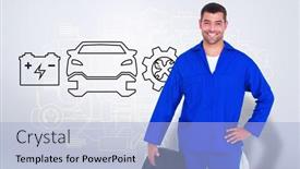  Presentation with tire - Theme enhanced with smiling male mechanic holding tire against grey vignette background and a light blue colored foreground
