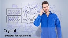  Presentation with mechanic - Presentation design enhanced with smiling male mechanic using mobile phone against grey vignette background and a light blue colored foreground