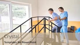  Presentation with ramp - PPT theme with smiling-male-physiotherapist-assisting-elderly background and a coral colored foreground