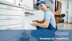  Presentation with drain - Presentation consisting of smiling-male-plumber-in-uniform background and a ocean colored foreground