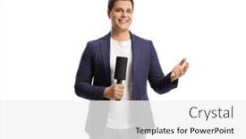  Presentation with microphone - Slide deck enhanced with smiling-male-reporter-holding background and a white colored foreground