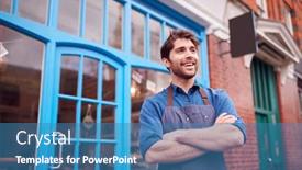  Presentation with five business people standing together and smiling - Presentation theme featuring smiling-male-small-business-owner background and a teal colored foreground