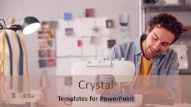  Presentation with sewing machine - Slide deck consisting of smiling-male-student-or-business background and a coral colored foreground