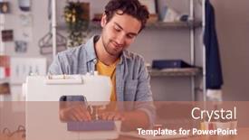  Presentation with sewing machine - Beautiful theme featuring smiling-male-student-or-business backdrop and a coral colored foreground