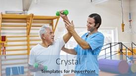  Presentation with rehabilitation - Presentation theme with smiling-male-therapist-assisting-senior background and a light blue colored foreground