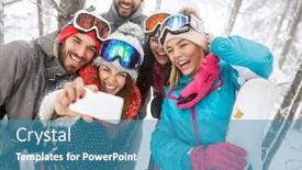  Presentation with ski - Audience pleasing PPT theme consisting of smiling male with female skiers with ski equipment backdrop and a teal colored foreground