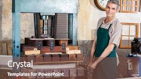  Presentation with factory machine - Audience pleasing slide set consisting of smiling male worker using paper backdrop and a tawny brown colored foreground