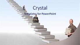  Presentation with books - Amazing PPT layouts having smiling man and 3d books stair with people backdrop and a sky blue colored foreground