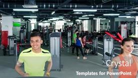  Presentation with treadmill - Presentation design featuring smiling man and woman exercising on treadmill background and a gray colored foreground
