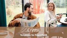  Presentation with newspaper - Beautiful PPT layouts featuring smiling-man-and-woman-using backdrop and a coral colored foreground