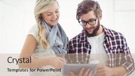  Presentation with woman office desk - Amazing presentation design having smiling man and woman working on digital tablet at desk in office backdrop and a coral colored foreground