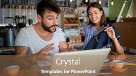  Presentation with new ideas - PPT layouts consisting of smiling-man-and-woman background and a coral colored foreground