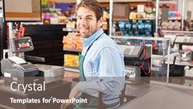  Presentation with cash - PPT theme featuring smiling-man-as-a-cashier background and a gray colored foreground