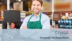  Presentation with salesman - Audience pleasing presentation consisting of smiling-man-as-a-satisfied backdrop and a light blue colored foreground