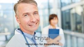  Presentation with physician - Beautiful presentation design featuring smiling man as a senior physician with competence and success in the hospital backdrop and a light blue colored foreground