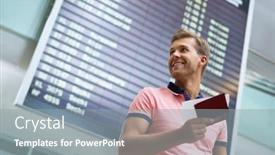  Presentation with airport - Amazing PPT layouts having smiling man at board at the airport backdrop and a gray colored foreground