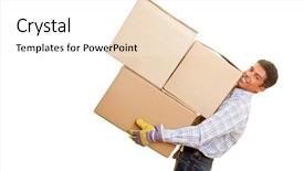  Presentation with boxes - Presentation theme featuring carry load - smiling man carrying heavy boxes background and a white colored foreground