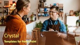  Presentation with writing notes - Slide deck with smiling-man-employee-with-down background and a tawny brown colored foreground