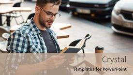  Presentation with coffee book - Slides consisting of smiling-man-enjoying-free-time background and a mint green colored foreground