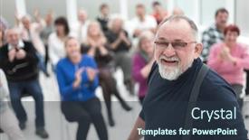  Presentation with meeting - Amazing presentation theme having smiling-man-gives-a-speech backdrop and a tawny brown colored foreground