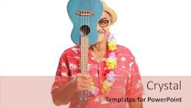  Presentation with instrument - Slide deck with smiling-man-hiding-behind-ukulele background and a coral colored foreground