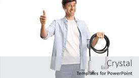  Presentation with electrical cable - Presentation theme enhanced with smiling-man-holding-a-cable background and a light gray colored foreground