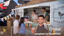  Presentation with blonde holding magnifying glass - Cool new PPT theme with smiling man holding a glass backdrop and a violet colored foreground