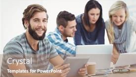  Presentation with coworkers - Beautiful slide deck featuring smiling man holding digital tablet with coworkers using laptop at office backdrop and a coral colored foreground