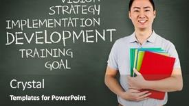  Presentation with files - Colorful slide set enhanced with smiling man holding files against green chalkboard backdrop and a dark gray colored foreground